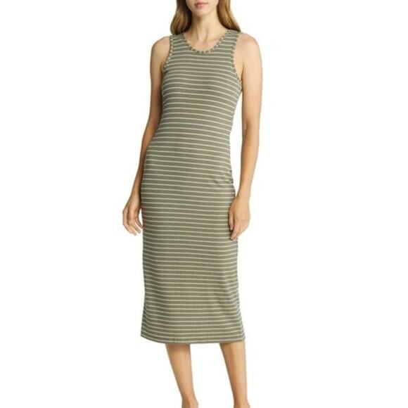 Marine Layer Lexi Daytime Dress Rib Sleeveless Bodycon Midi Olive Stripe NWT L - Picture 1 of 8
